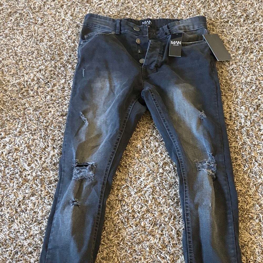 Boohoo Mens Dark Distressed Skinny Jeans